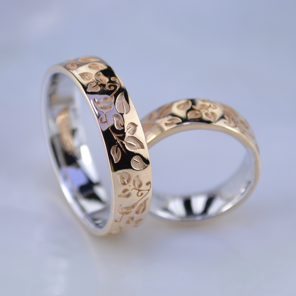 Эксклюзивные двухцветные обручальные кольца с листьями берёзы (Вес пары: 13 гр.)