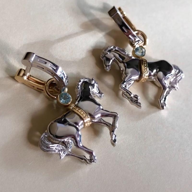 Золотые серьги подковы со съёмными лошадками