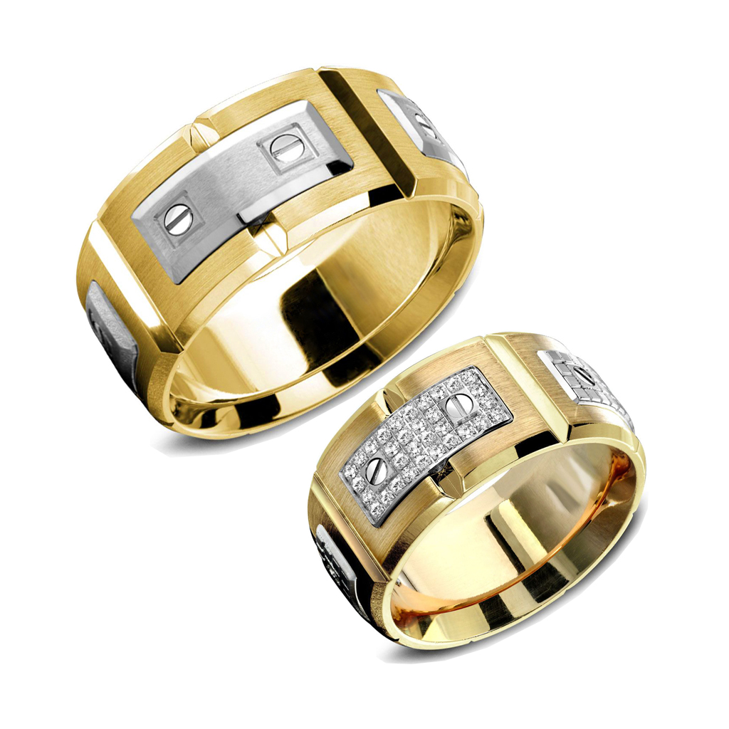 Обручальные кольца широкие из желто-белого золота в виде звеньев браслета с бриллиантами (Вес пары: 23 гр.)