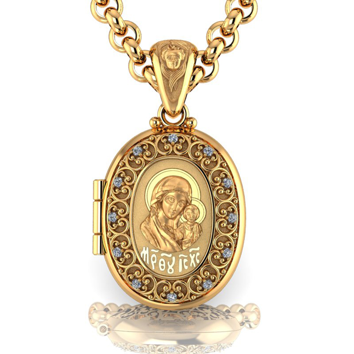 Православный раскрывающийся медальон под фото из золота с иконой Казанской Божьей Матери (Вес 10 гр.)