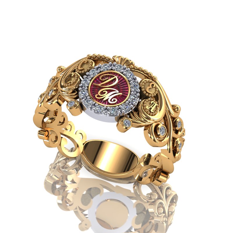 Именное золотое кольцо с бриллиантами, цветной эмалью, инициалами и площадкой под гравировку (Вес: 5 гр.)