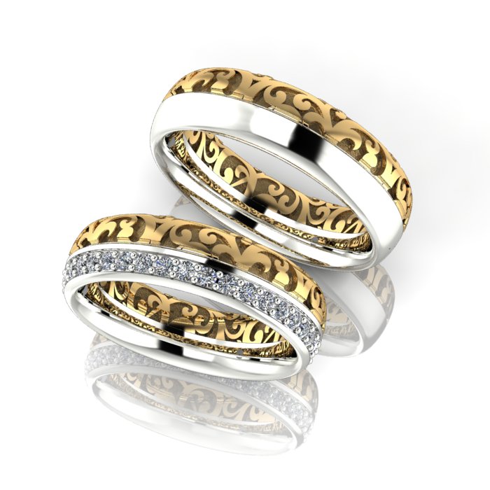 Обручальные кольца Бисквит из жёлто-белого золота с бриллиантами и узорами (Вес пары: 12,5 гр.)