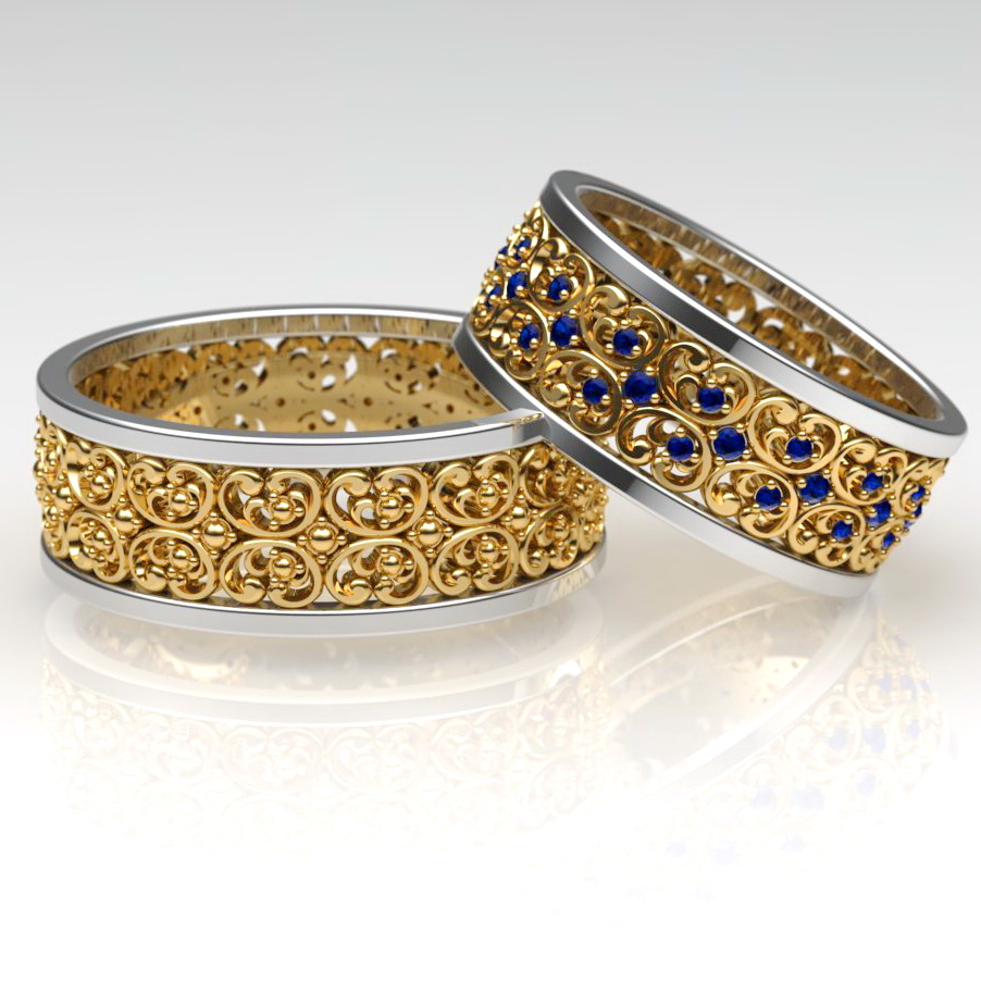 Парные обручальные кольца с ажурным орнаментом, бриллиантами и сапфирами (Вес пары: 15 гр.)