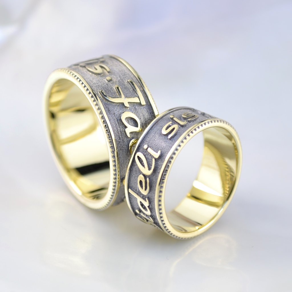 Широкие парные обручальные кольца Fac fideli sis fidelis (Будь верен тому кто верен тебе) (Вес пары: 26 гр.)