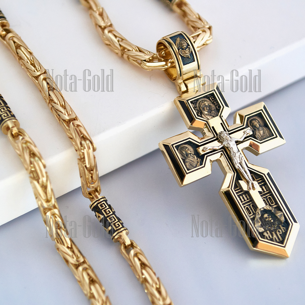 Православный крест на цепочке плетения Лисий хвост с рунами из желтого золота с эмалью