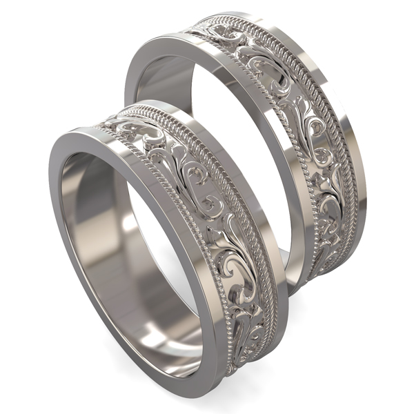 Широкие обручальные кольца с растительным орнаментом из белого золота на заказ (Вес пары: 20 гр.)