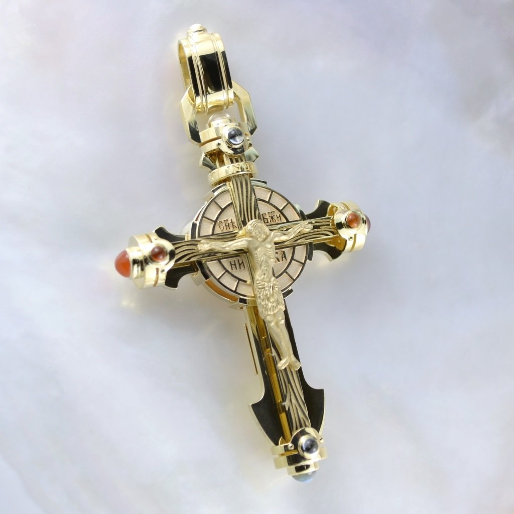Православный золотой крест с распятием, образом иконы Спас Нерукотворный и драгоценными камнями (Вес 43 гр.)