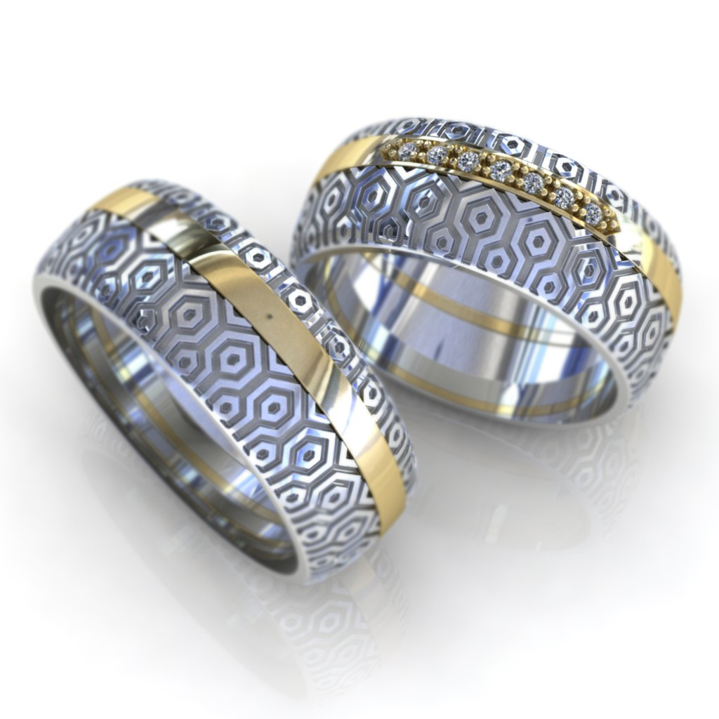 Обручальные кольца Градиент из белого и жёлтого золота с бриллиантами (Вес пары 16,3 гр.)