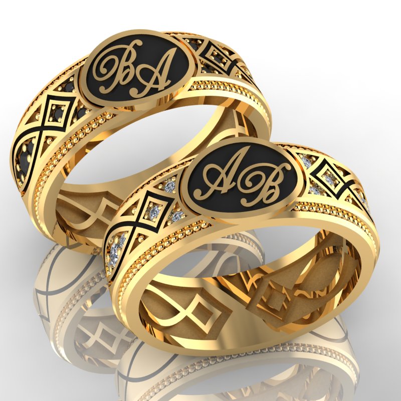 Обручальные кольца Поколение контраст с инициалами, эмалью и бриллиантами (Вес пары: 14 гр.)
