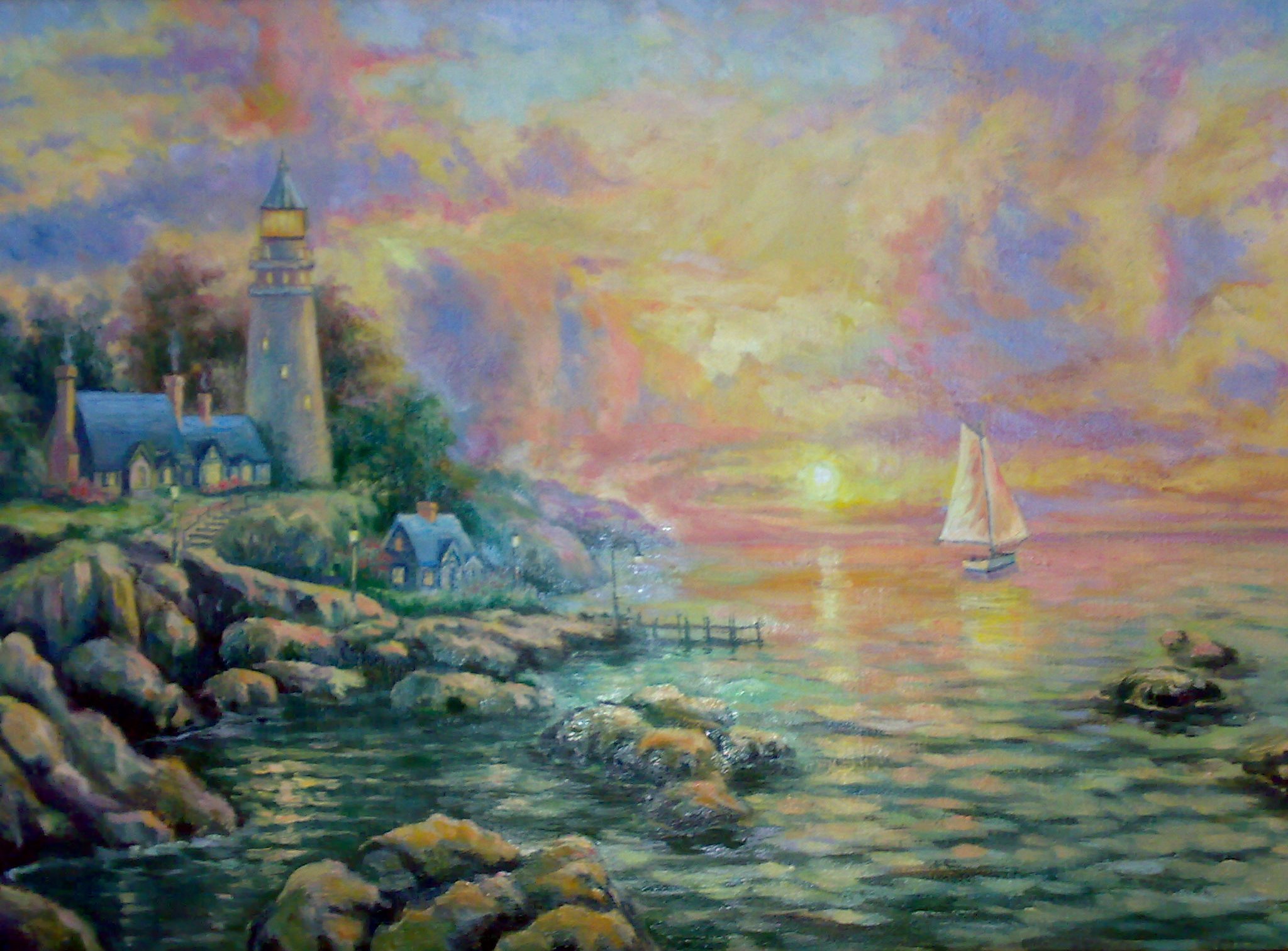 Картина морской пейзаж маслом на холсте - море, закат, маяк и парусник 40x70 см