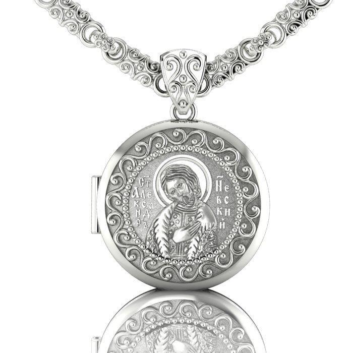 Православный медальон кулон с фотографией ребёнка внутри из серебра в подарок мужу с ликом Александра Невского и инициалами (Вес 15 гр.)