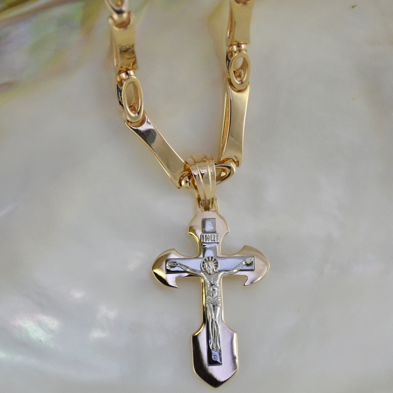 Нательный крест из красного и белого золота с чернением на заказ (Вес: 13 гр.)
