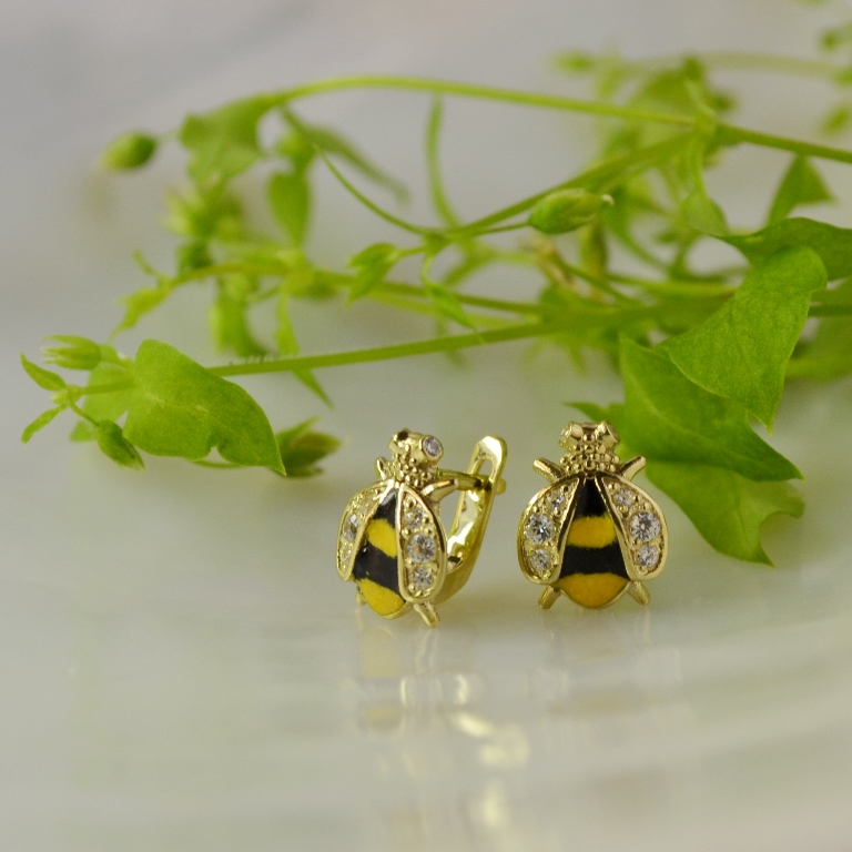 Серьги в виде пчёл из золота с бриллиантами и эмалью (Вес: 2,3 гр.)