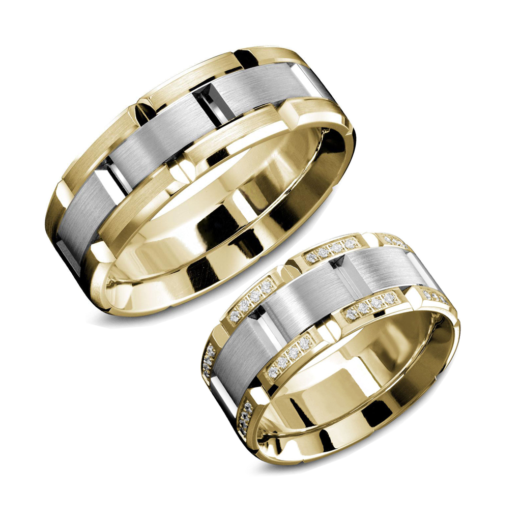 Широкие обручальные кольца в форме браслета из белого и желтого золота с бриллиантами (Вес пары: 19 гр.)