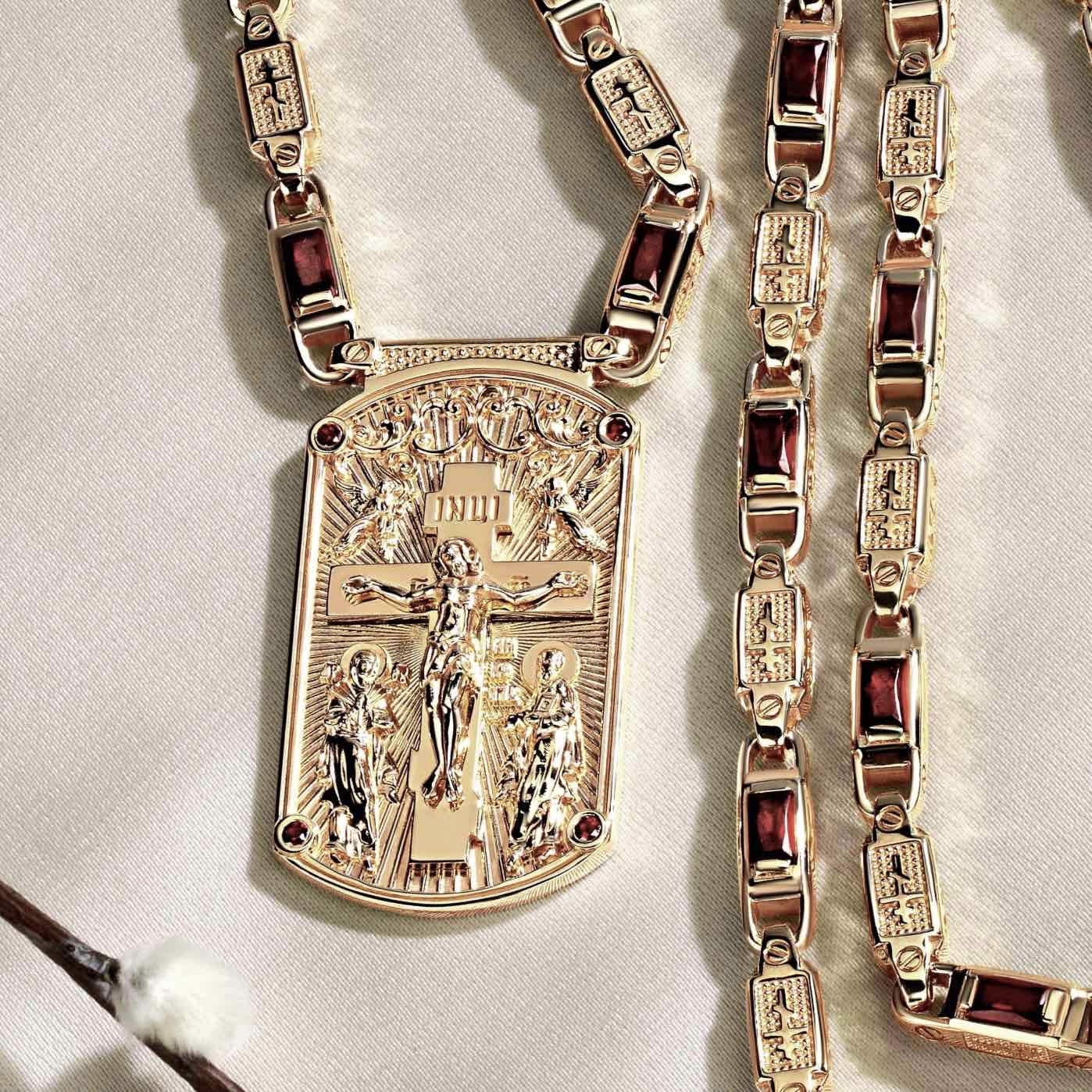 Православный золотой жетон на цепочке с гранатами