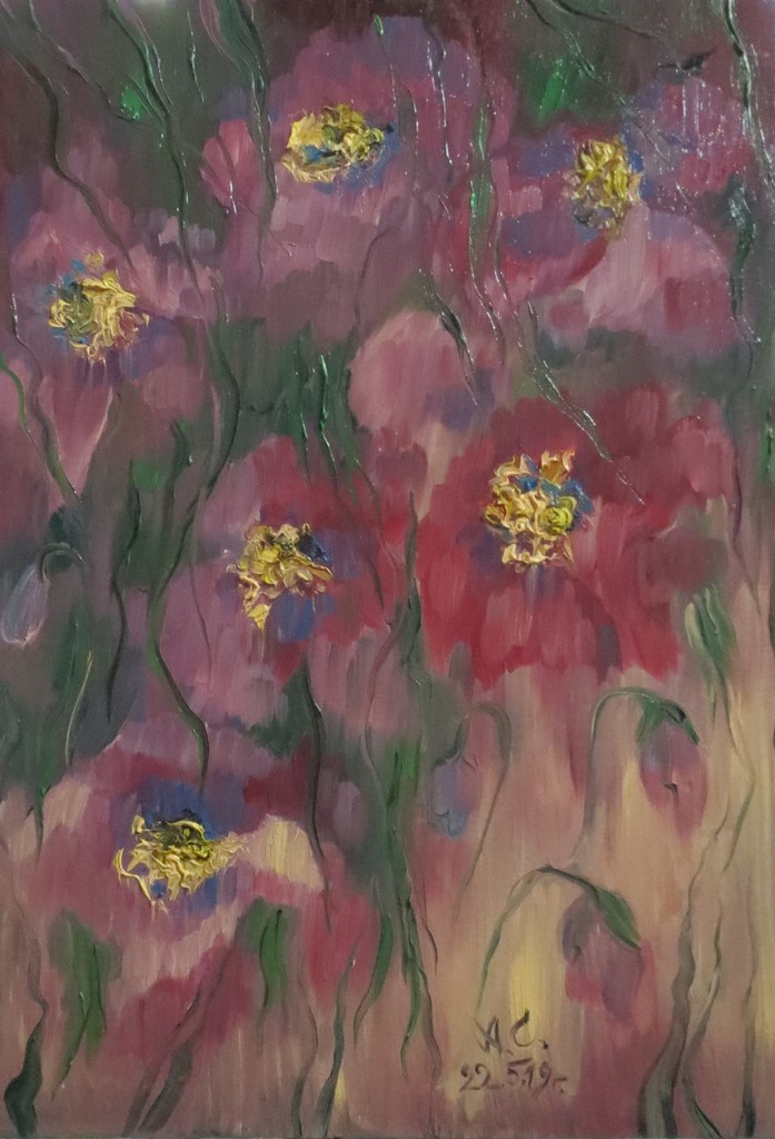 Картина маслом на холсте - Яркие цветы, поле 34x49 см