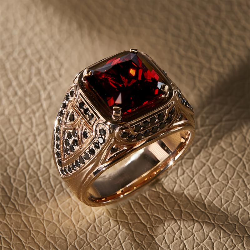 Мужской перстень печатка из красного золота с гранатом и чёрными бриллиантами