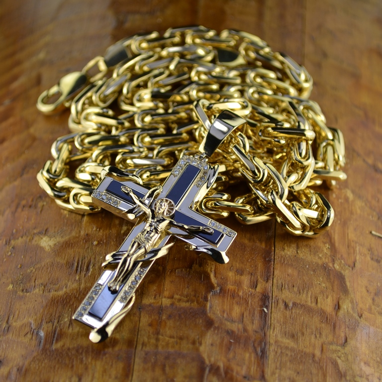 Эксклюзивный большой мужской крестик на двухсотграммовой цепочке из золота (Вес: 222 гр.)