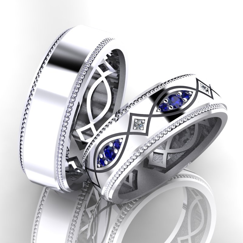 Обручальные кольца Джаз с бриллиантами и сапфирами из белого золота (Вес пары: 13 гр.)
