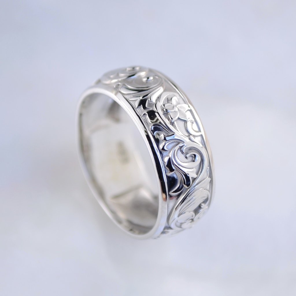 Широкое кольцо из белого золота с цветочным узором на заказ (Вес: 6,5 гр.)