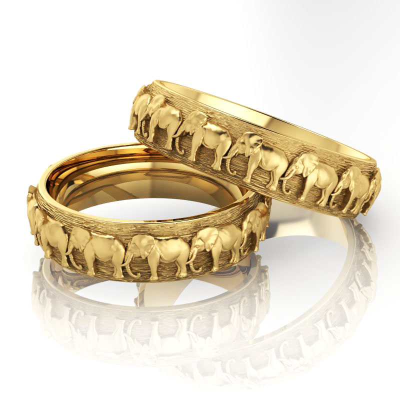 Обручальные кольца со слониками глянцевыми друг за другом с рельефным фоном (Вес пары: 11,5 гр.)