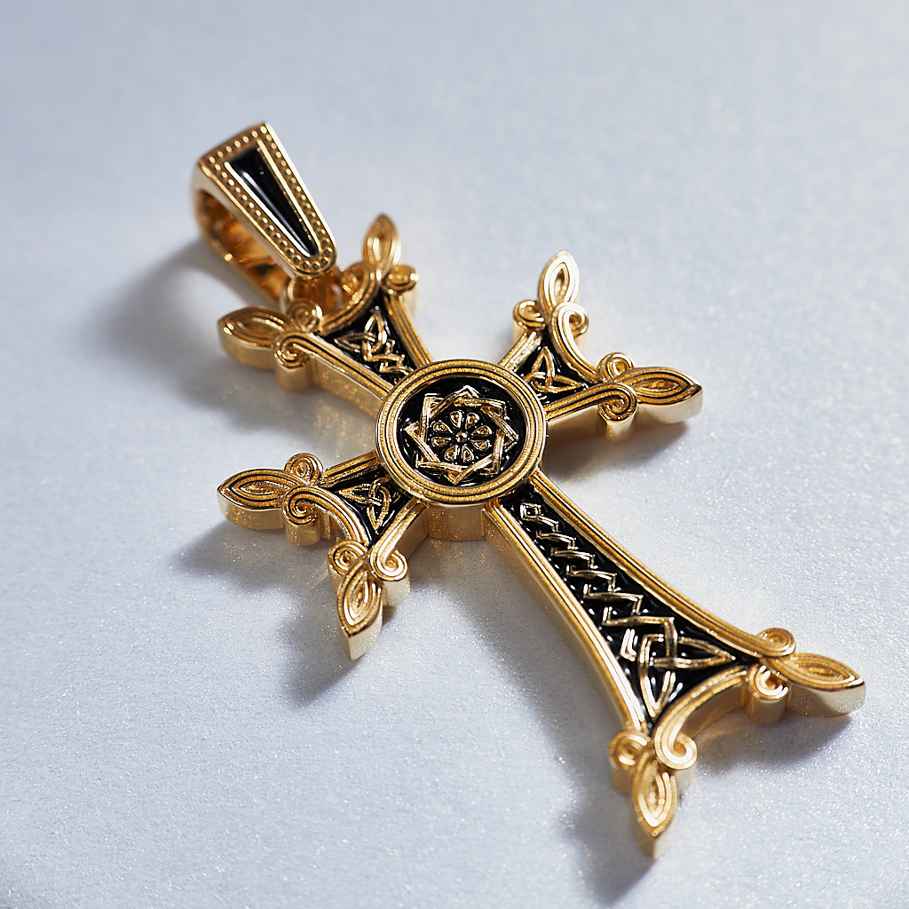 Армянский крест из жёлтого золота с чернением (Вес: 19 гр.)