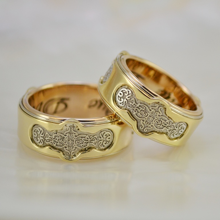 Эксклюзивные авторские обручальные кольца из трёх оттенков золота (Вес пары: 24 гр.)