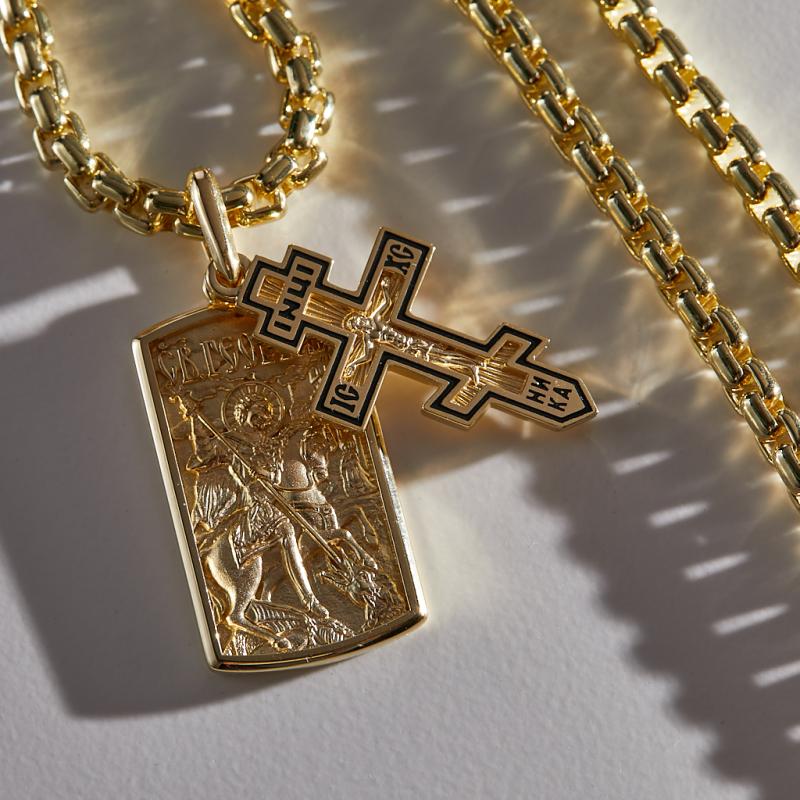 Золотая нательная иконка св Георгий с крестиком на цепочке