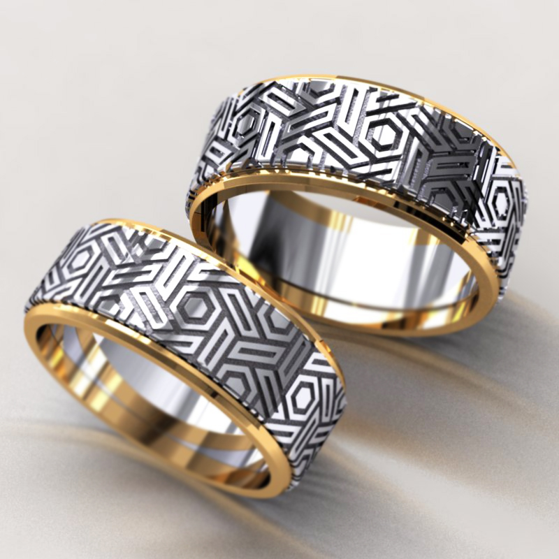 Объемные обручальные кольца Максимум из белого и жёлтого золота  (Вес пары 14 гр.)