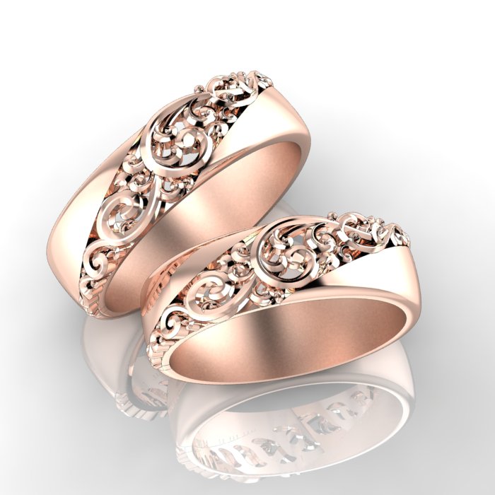 Обручальные кольца Алюр из красного золота с объёмным узором (Вес пары: 13 гр.)