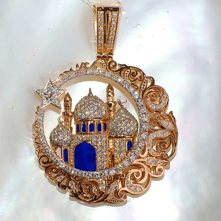Медальон на заказ- религиозная символика Мечеть с эмалью и бриллиантами (Вес: 25 гр.)