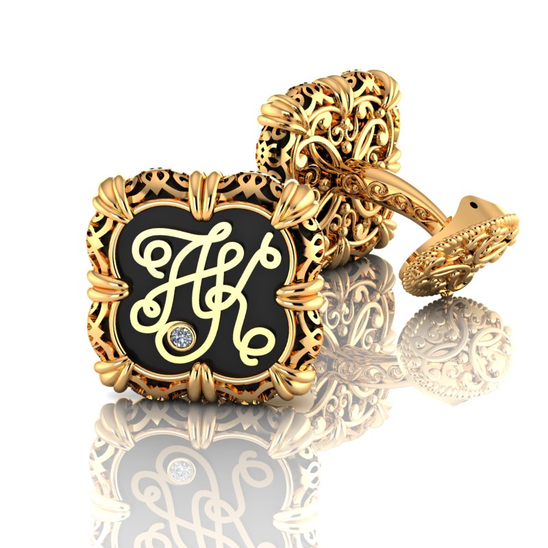 Запонки с чёрной эмалью из жёлтого золота с бриллиантами и монограммой заказчика (Вес 26 гр.)