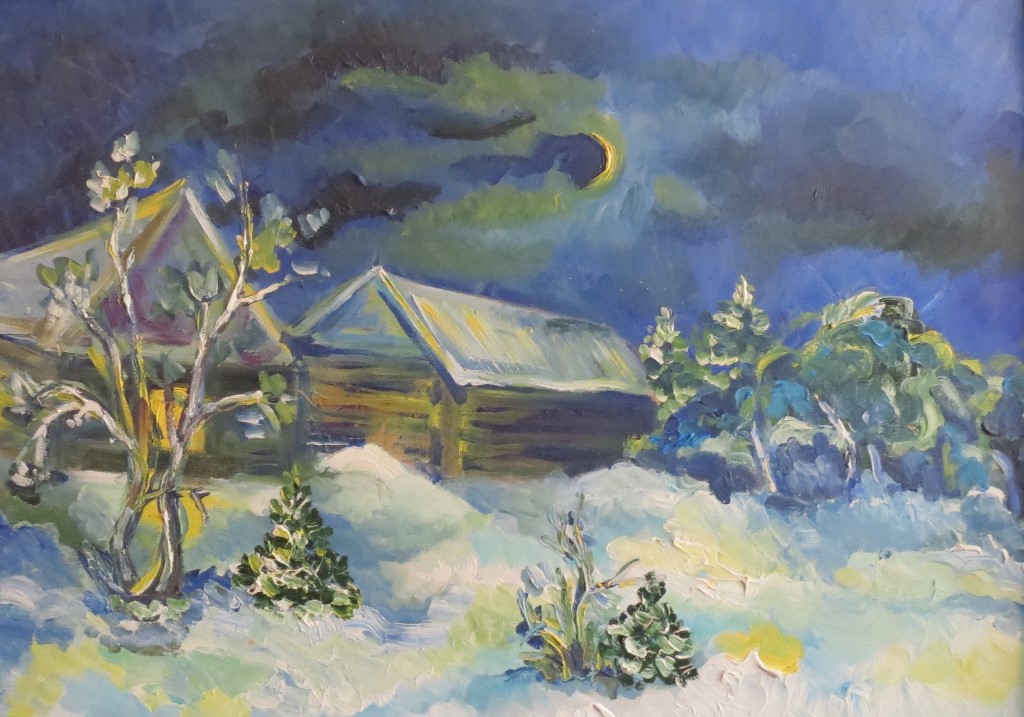Картина маслом на холсте - Ночь, зима, деревня 44x31 см