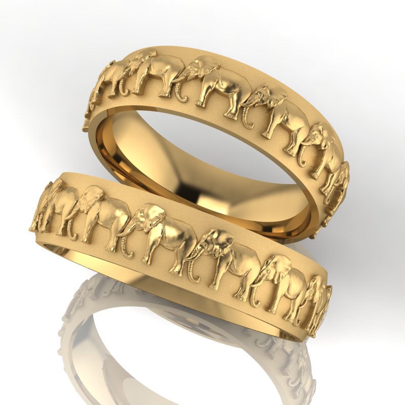 Обручальные кольца со слонами глянцевыми на матовой шинке (Вес пары: 11,5 гр.)