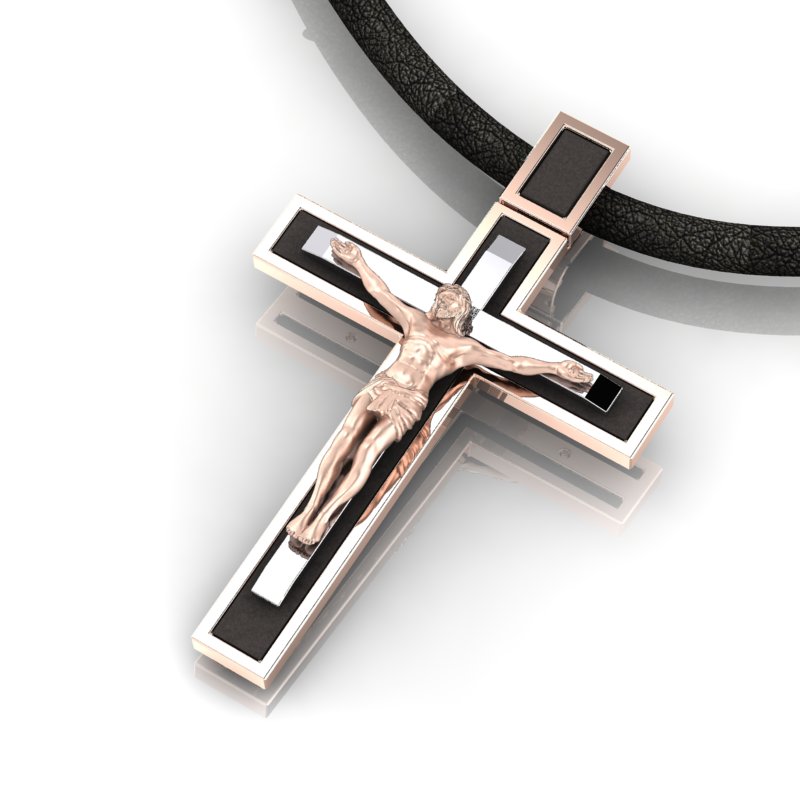 Нательный крест из красно-белого золота с распятием и чёрным ониксом (Вес: 11 гр.)
