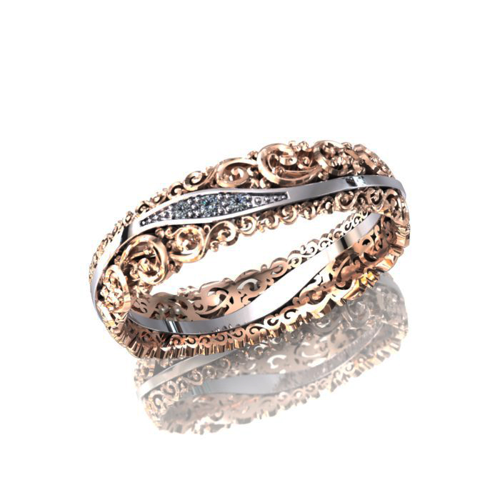 Женское кольцо из красно-белого золота с бриллиантами и винтажным узором (Вес: 3,5 гр.)