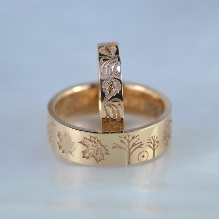 Обручальные кольца с изображением деревьев, листьев с почками берёзы и клёна (Вес пары:10,5 гр.)