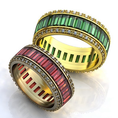 Обручальные кольца с цветными камнями на заказ (Вес пары: 9 гр.)
