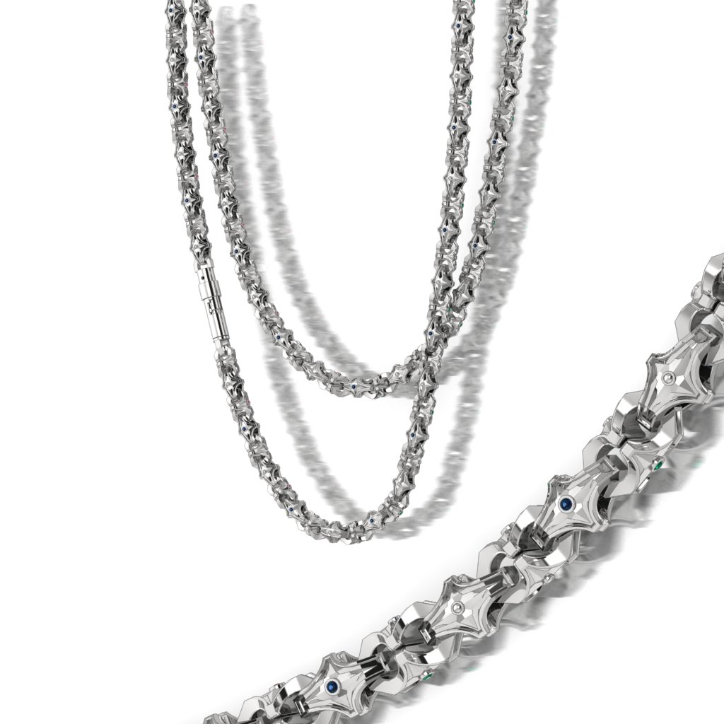 Серебряная цепочка плетение Краб с камнями: бриллиантами, изумрудами, рубинами и сапфирами (цена за грамм)