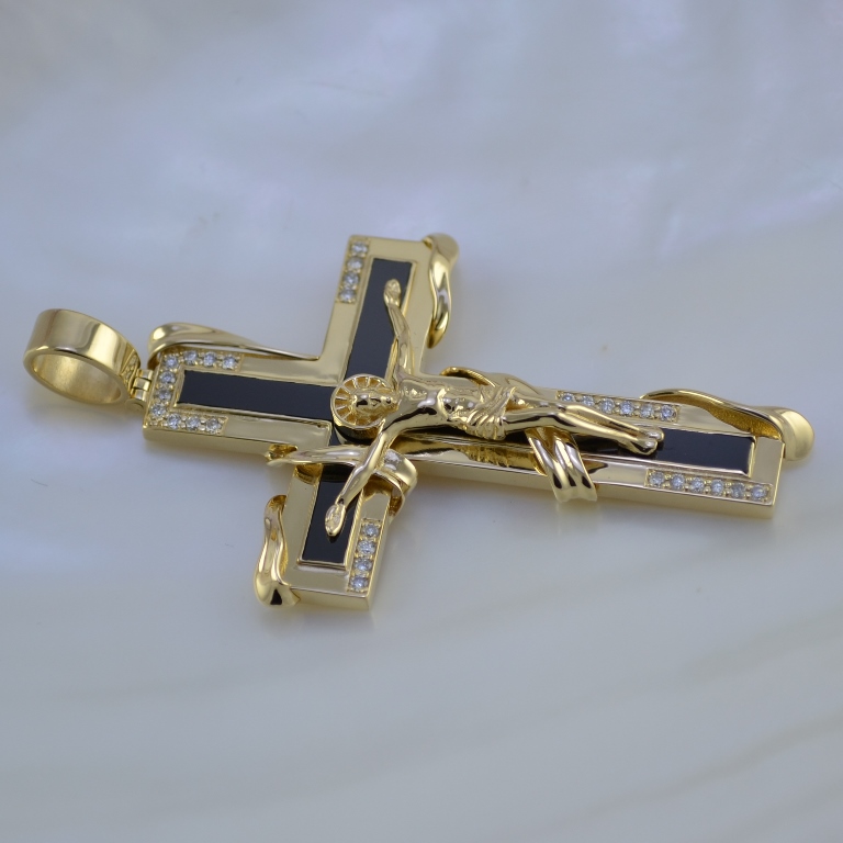 Эксклюзивный золотой крестик из жёлтого с ониксом и бриллиантами (Вес 23 гр.)