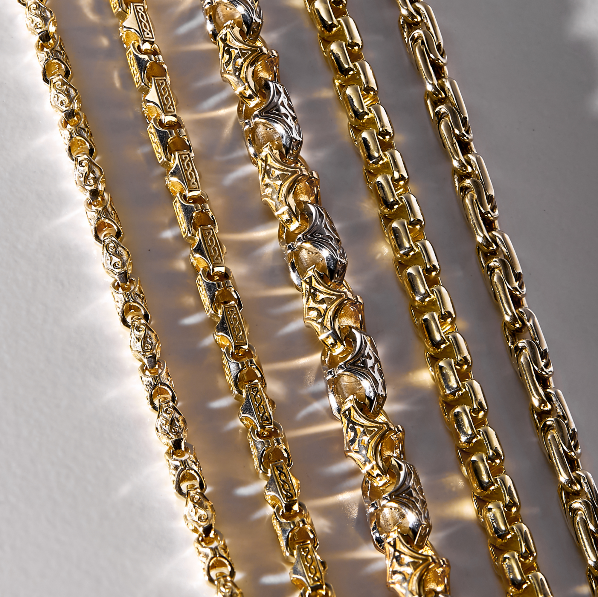 Полновесные золотые цепи разных видов плетений