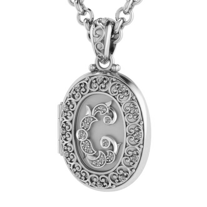 Серебряный медальон с инициалами и бриллиантами открывающийся под фото Клиента (Вес: 7 гр.)