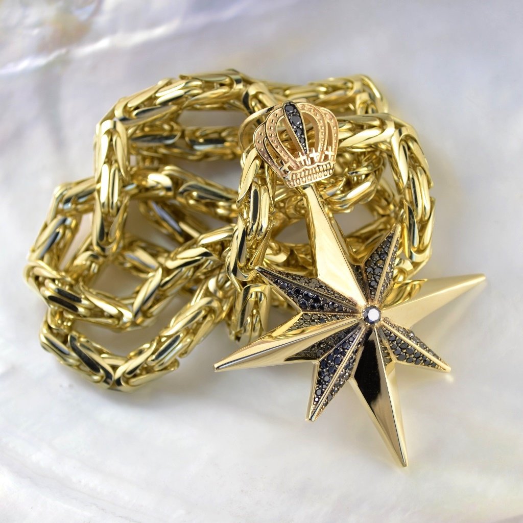 Золотая подвеска Звезда с чёрными бриллиантами и короной на цепочке плетения Лисий хвост (Вес: 19,5 гр.)