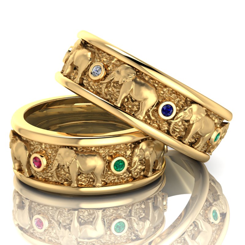 Широкие обручальные кольца в виде слонов с цветными камнями, рубинами, изумрудами, сапфирами  и бриллиантами (Вес пары: 14,5 гр.)
