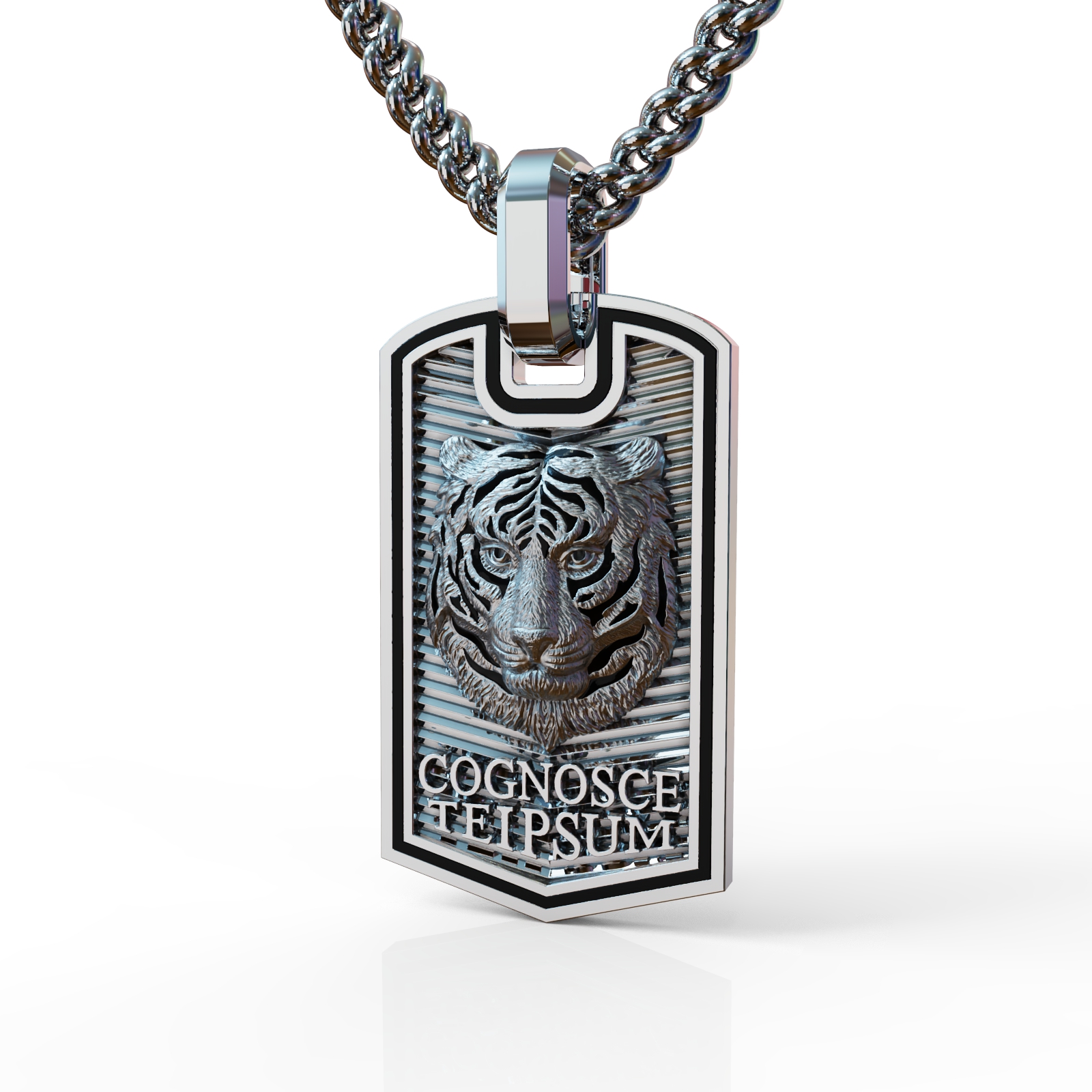 Именной жетон кулон с тигром из серебра и гравировкой сognosce teipsum - познай самого себя (Вес: 19 гр.)