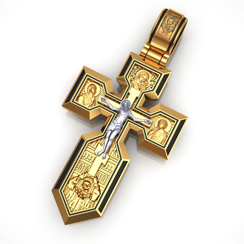 Малый клиновидный православный крест из золота с эмалью (Вес: 13 гр.)