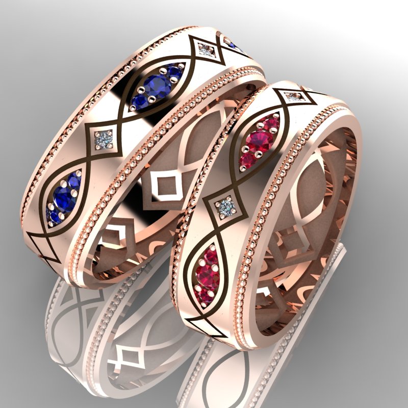Обручальные кольца Париж с бриллиантами, сапфирами и рубинами из красного золота (Вес пары: 12,5 гр.)