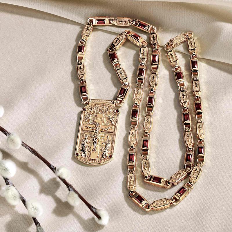 Православный золотой жетон на цепочке с гранатами