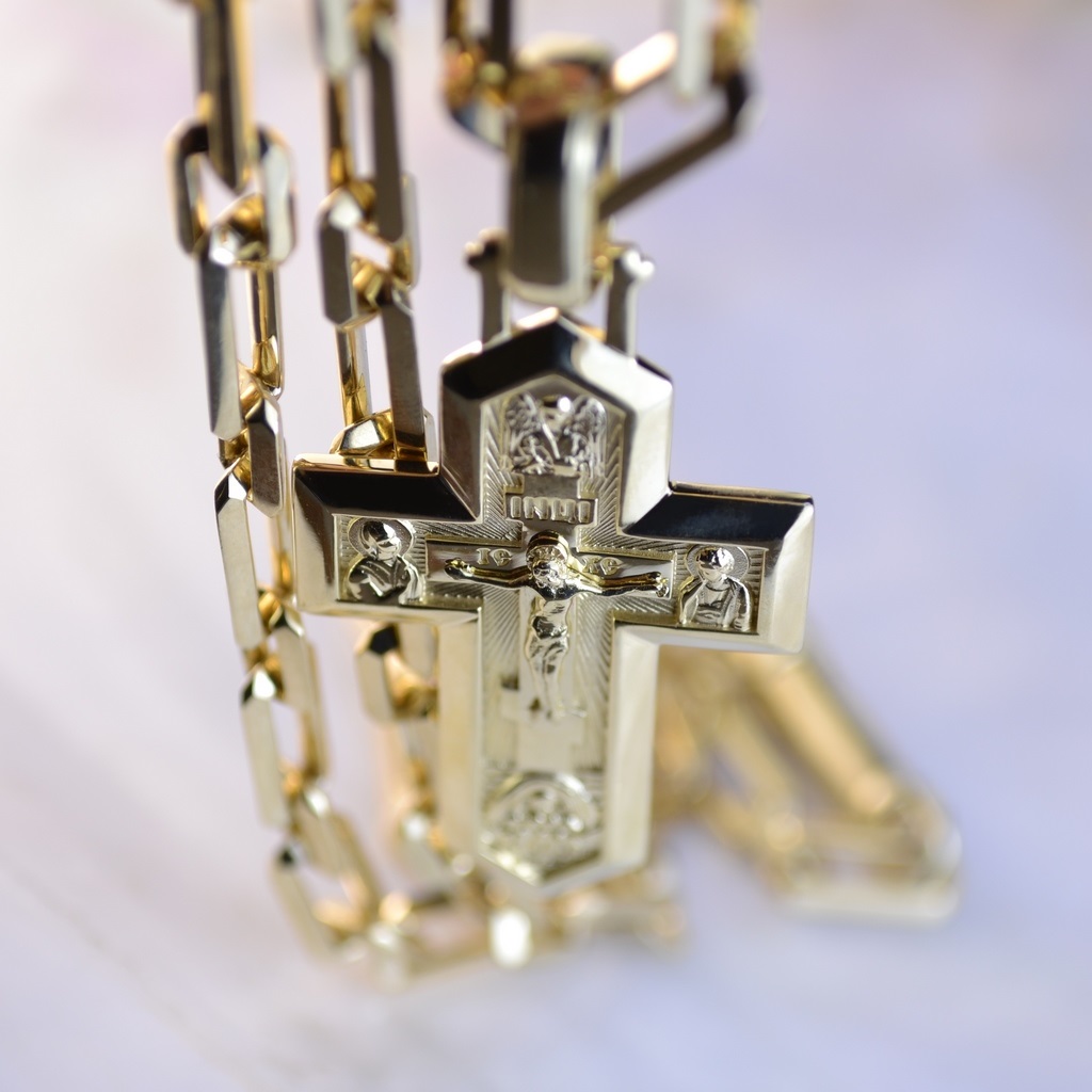 Золотой крест с распятием, ликами святых и гравировкой на цепочке Якорь ...