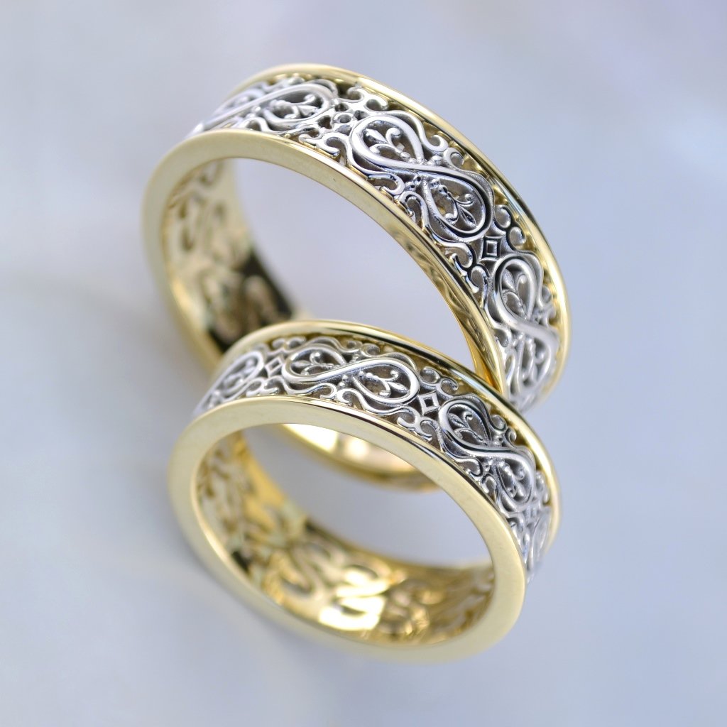 Ажурные золотые обручальные кольца Бесконечность из двух видов золота (Вес пары 15 гр.)